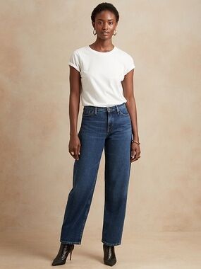 Banana Republic Ultra High Rise Barrel Leg Jeans in Dark Blue Wash